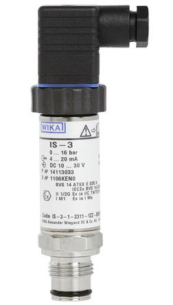 Produktfoto 1 von WIKA IS-3 G1/4 Drucksensor 0bar bis 1bar, Analog 4 → 20 mA, ATEX, IECEx-Zulassung, für Gas, Flüssigkeit