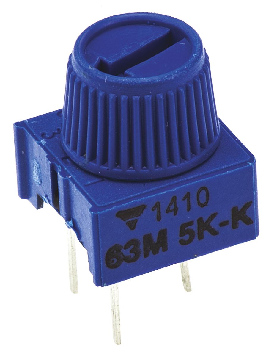 Produktfoto 1 von Vishay 63M 1-Gang THT Trimmer-Potentiometer, Einstellung von oben, 5kΩ, ±10%, 0.5W, Pin, L. 9.52mm