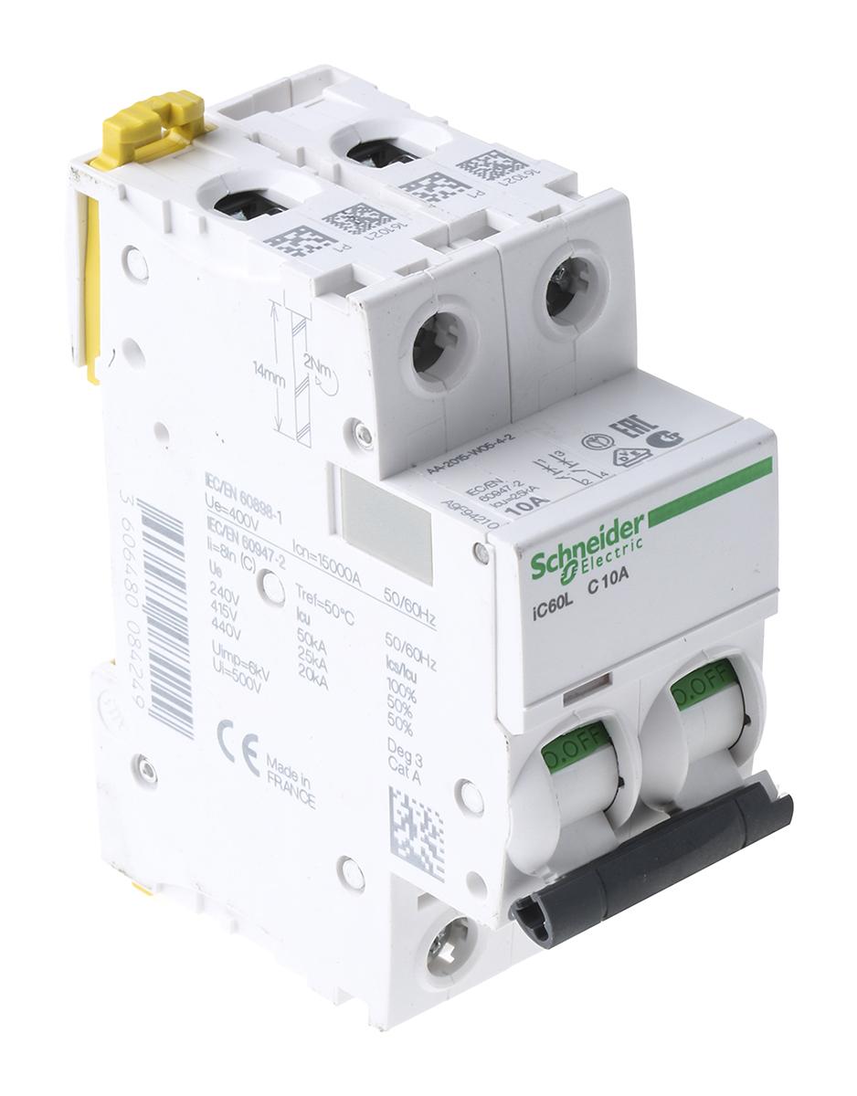 Produktfoto 1 von Schneider Electric iC60L MCB Leitungsschutzschalter Typ C, 2-polig 10A 100 → 130V, Abschaltvermögen 10 kA Acti 9