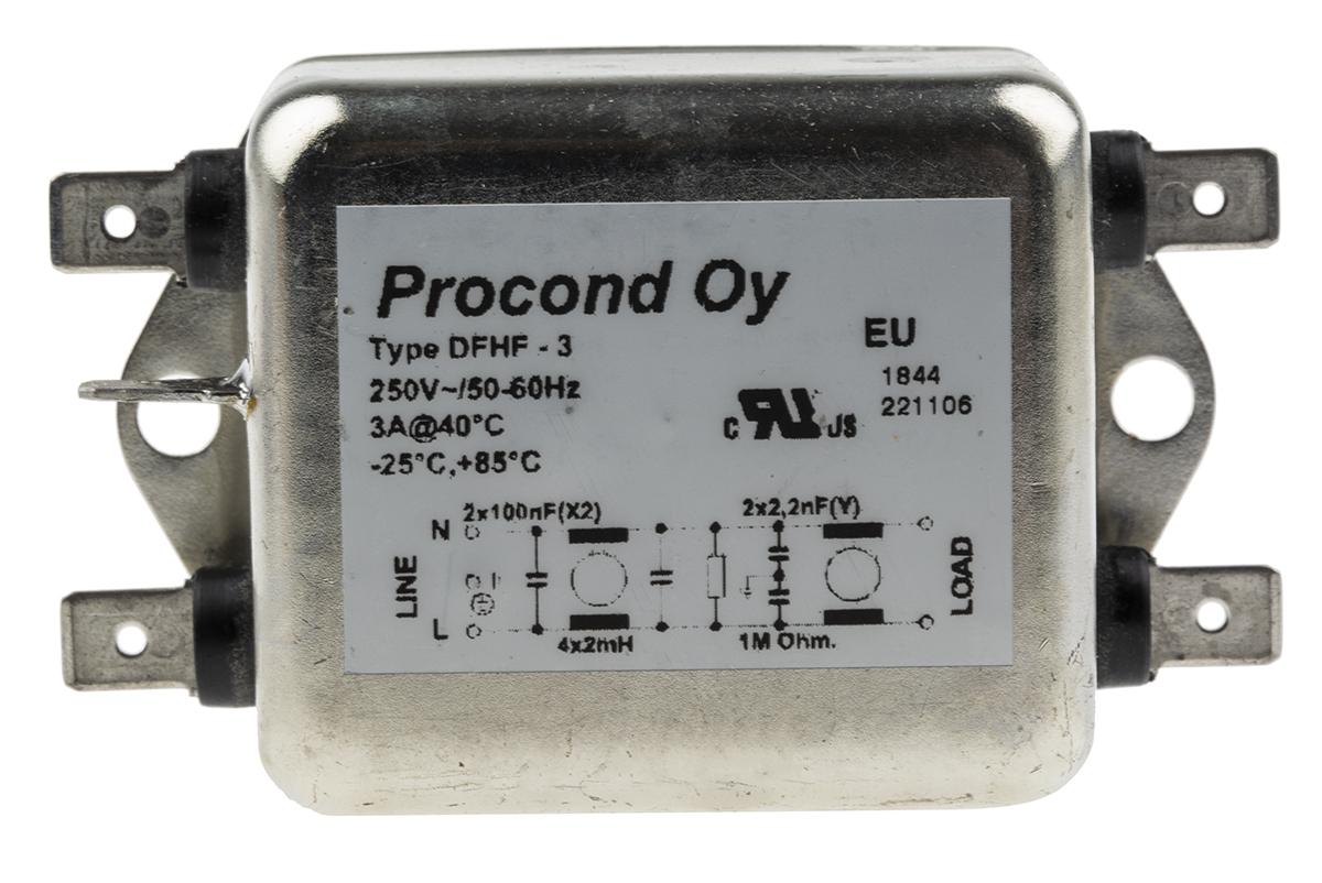 Produktfoto 1 von RS PRO Entstörfilter, 250 V ac, 3A, Gehäusemontage, Flachstecker 0,2 mA / 400Hz Two Stage Zustände