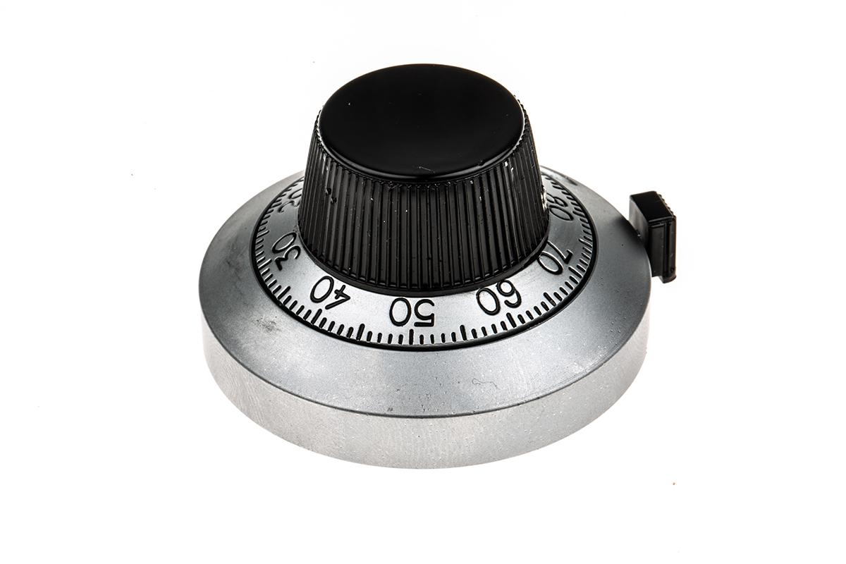 Produktfoto 1 von Vishay Potentiometer Drehknopf silbern, Zeiger Schwarz Ø 46mm x 25.4mm, Rund Schaft 6.35mm