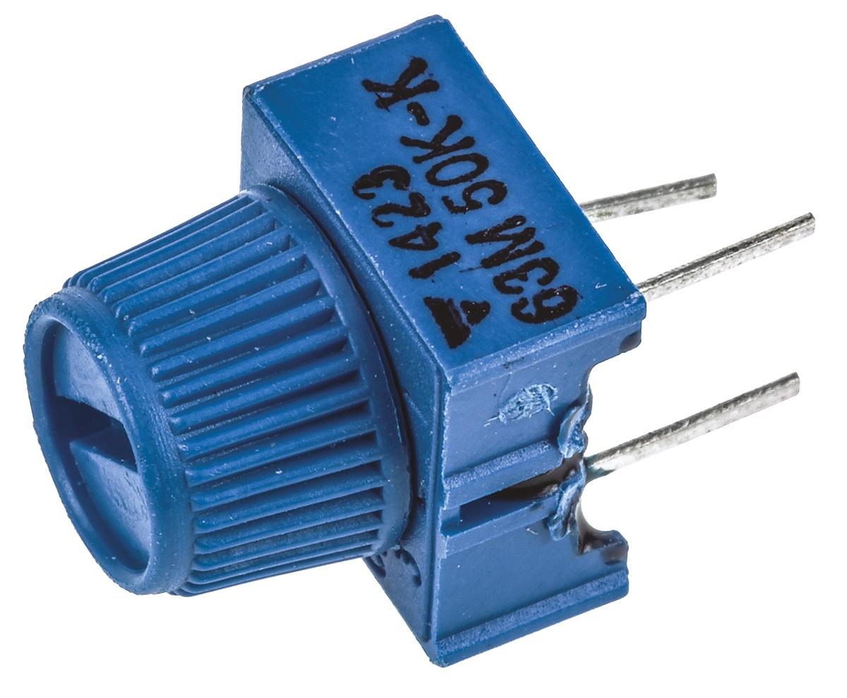 Produktfoto 1 von Vishay 63M 1-Gang THT Trimmer-Potentiometer, Einstellung von oben, 50kΩ, ±10%, 0.5W, Pin, L. 9.52mm