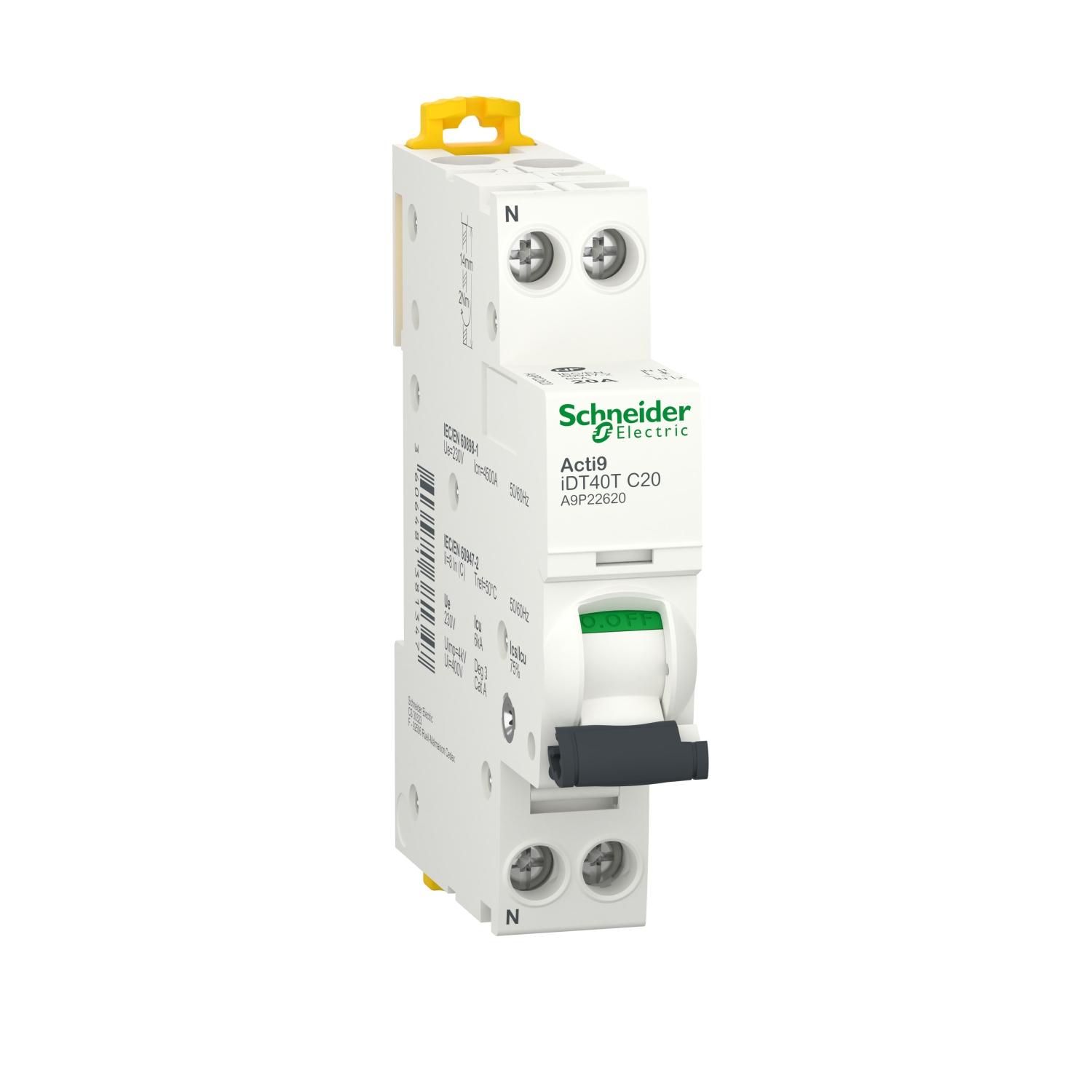 Produktfoto 1 von Schneider Electric Acti9 iDT40T MCB Leitungsschutzschalter Typ C, Pol 1P+N 20A 230V, Abschaltvermögen 6 kA Acti 9