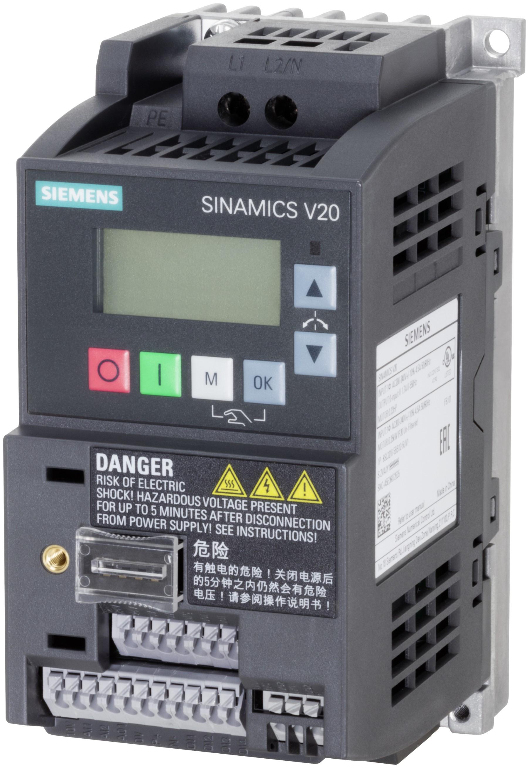 Siemens SINAMICS V20, 1-Phasen Frequenzumrichter 0,12 kW, 230 V ac / 900 mA 0 → 550Hz für Wechselstrommotoren