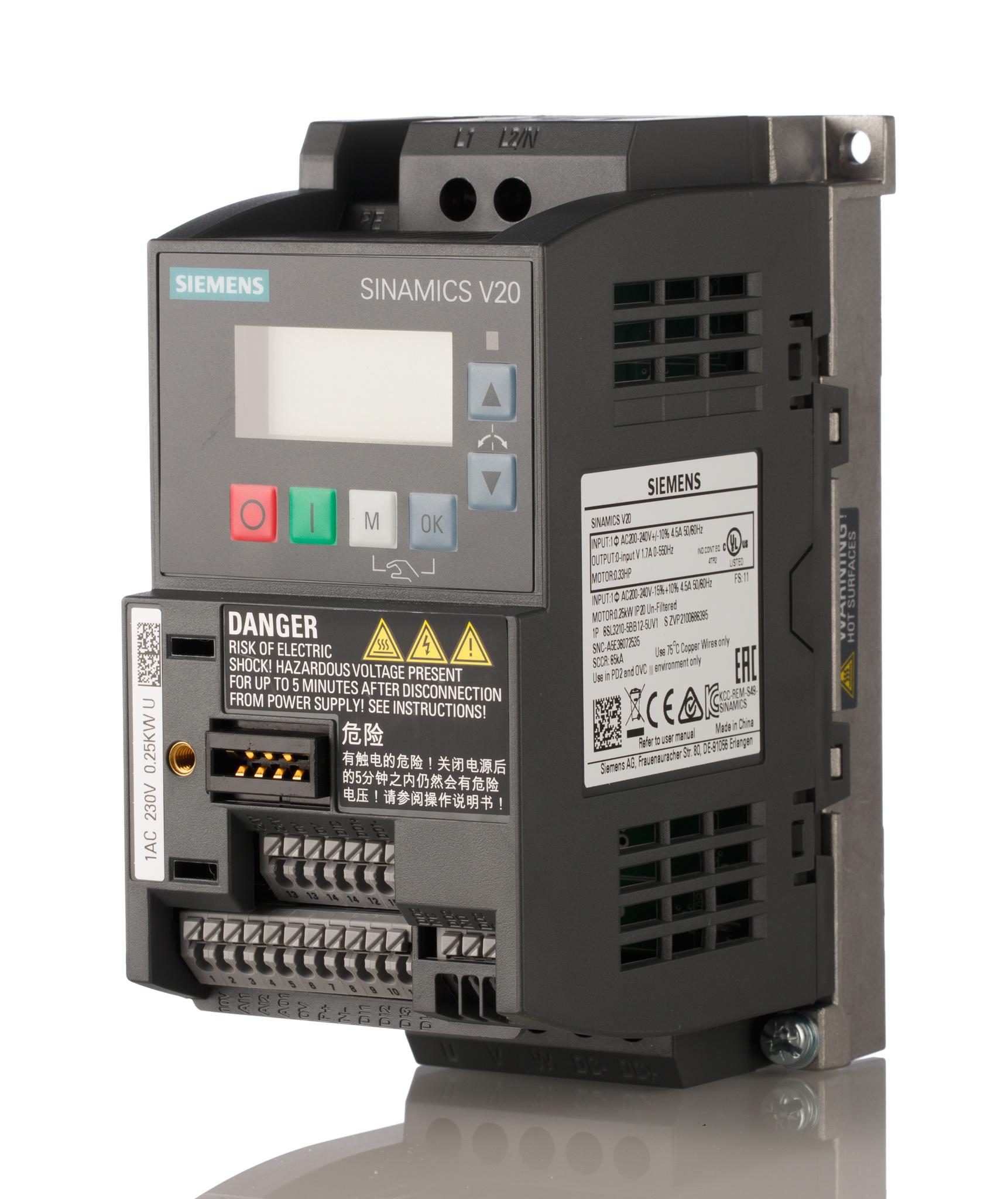 Siemens SINAMICS V20, 1-Phasen Frequenzumrichter 0,25 kW, 230 V ac / 1,7 A 0 → 550Hz für Wechselstrommotoren