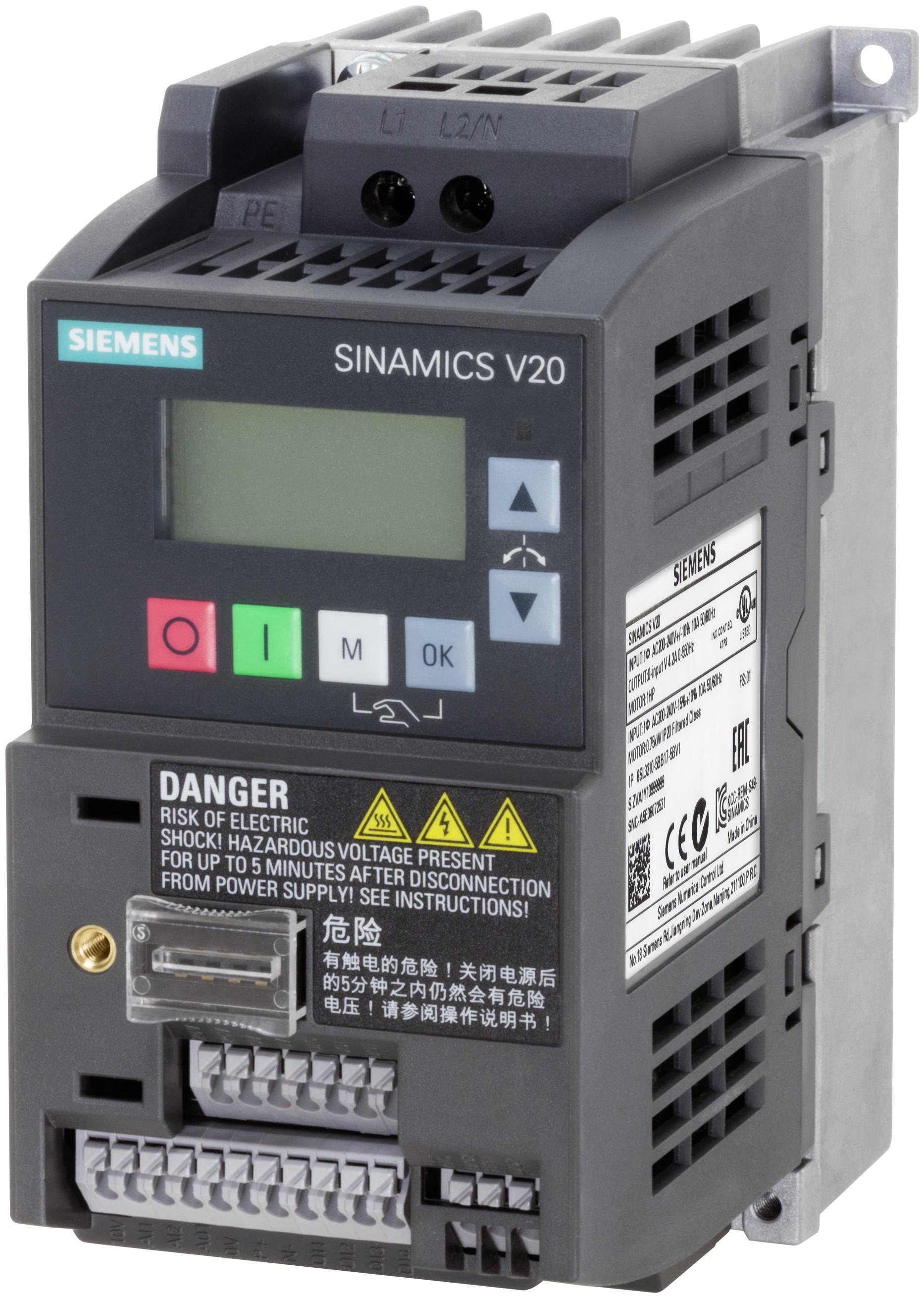 Produktfoto 1 von Siemens SINAMICS V20, 1-Phasen Frequenzumrichter 0,55 kW, 230 V ac / 3,2 A 0 → 550Hz für Wechselstrommotoren