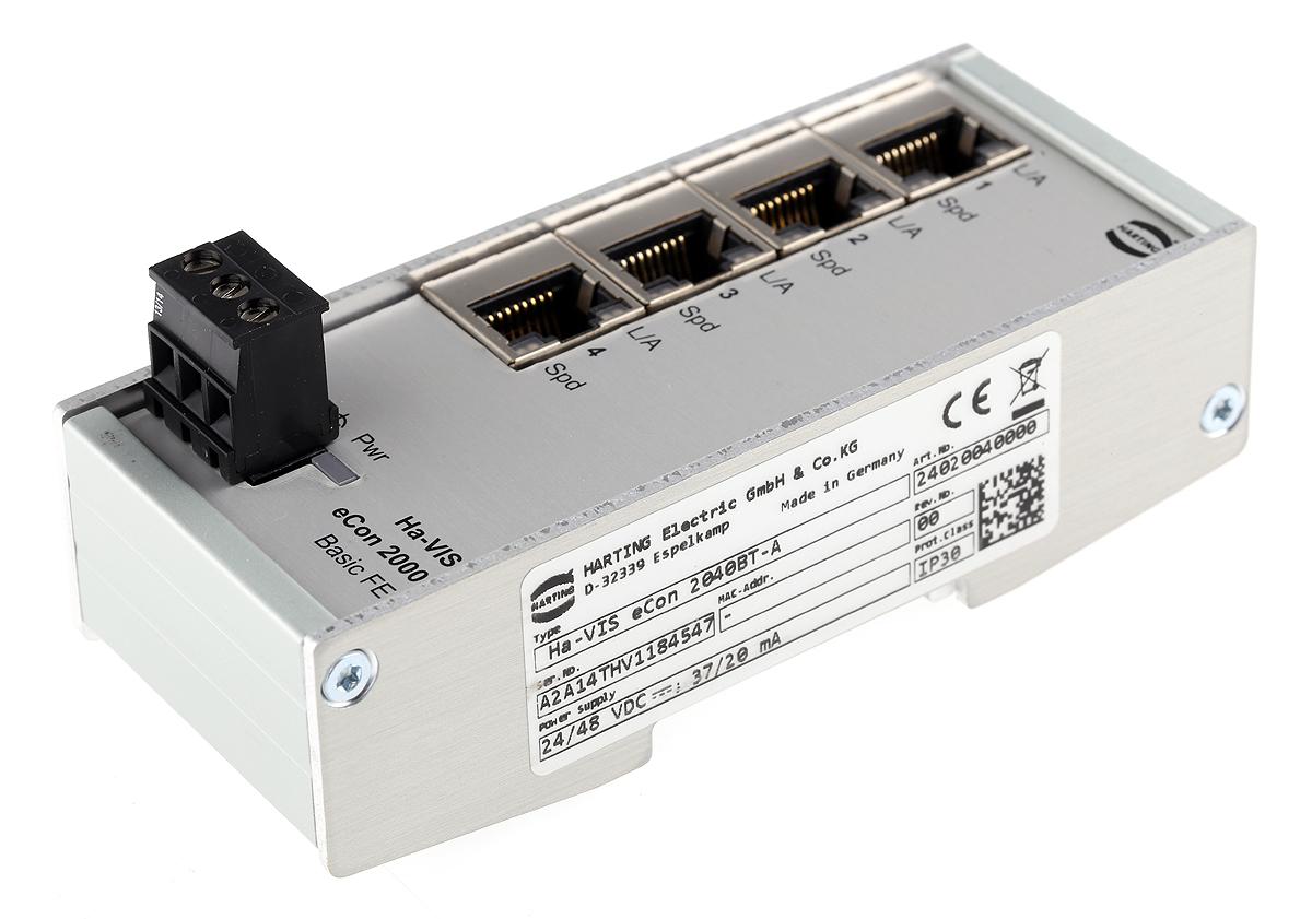 Produktfoto 1 von HARTING Ethernet-Switch, 4 x RJ45 / 10/100Mbit/s, bis 100m für DIN-Schienen, 24V dc