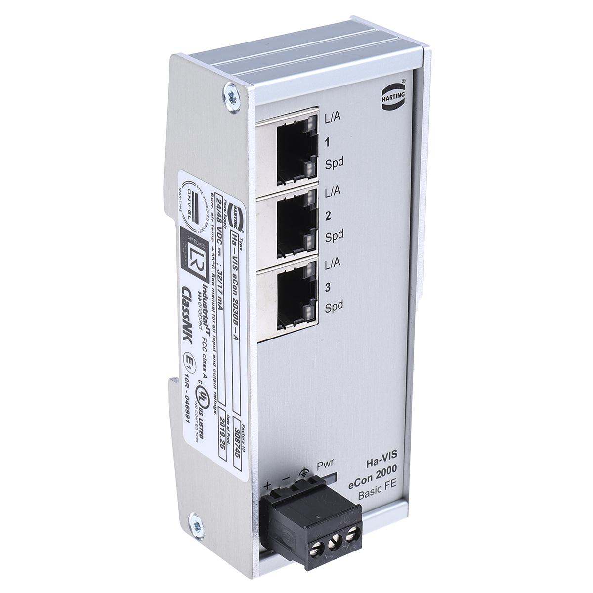 Produktfoto 1 von HARTING Ethernet-Switch, 3 x RJ45 / 10/100Mbit/s, bis 100m für DIN-Schienen, 24V dc