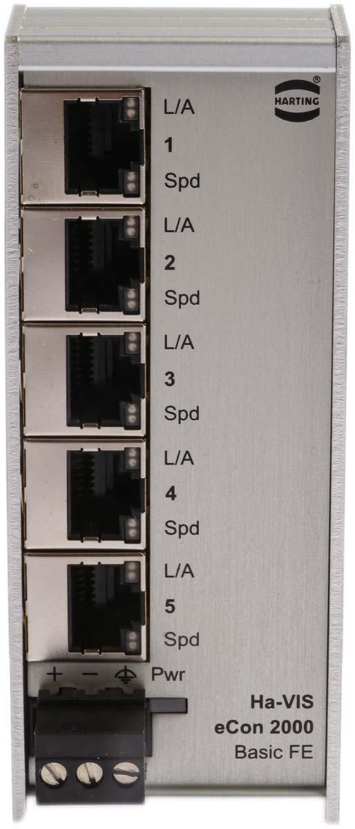 Produktfoto 1 von HARTING Ethernet-Switch, 5 x RJ45 / 10/100Mbit/s, bis 100m für DIN-Schienen, 24V dc