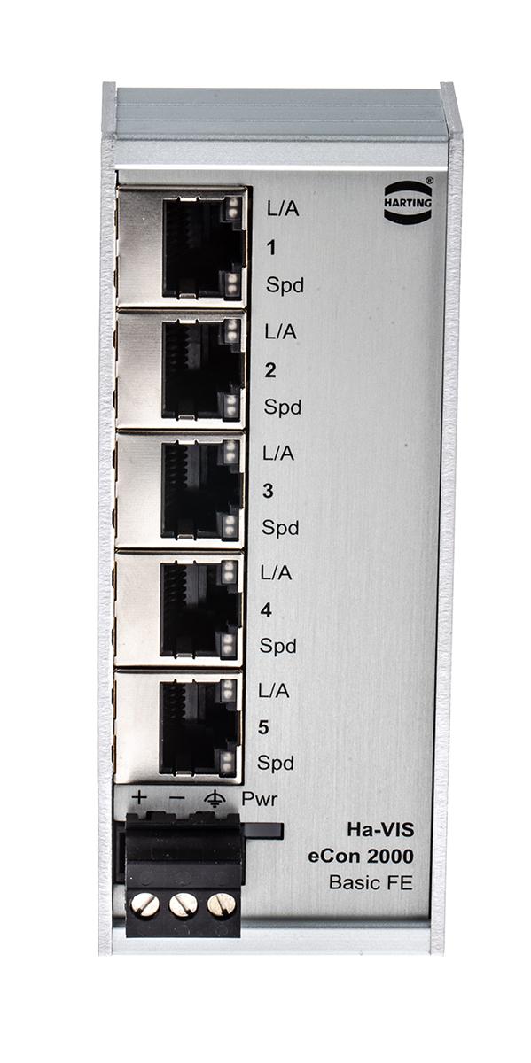 Produktfoto 1 von HARTING Ethernet-Switch, 5 x RJ45 / 10/100Mbit/s, bis 100m für DIN-Schienen, 24V dc