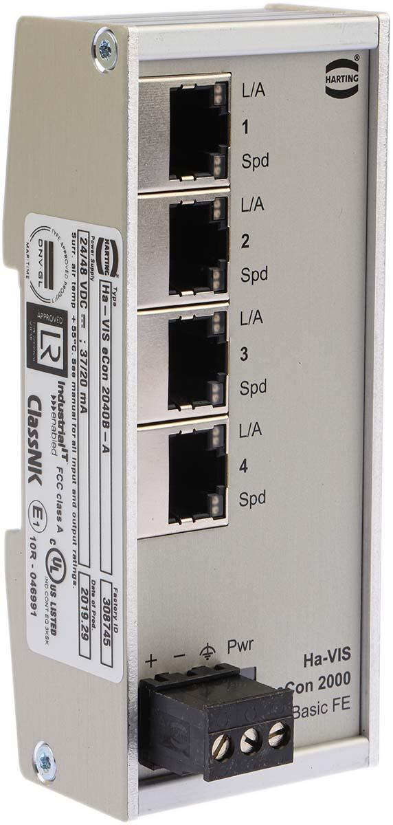 Produktfoto 1 von HARTING Ethernet-Switch, 4 x RJ45 / 10/100Mbit/s, bis 100m für DIN-Schienen, 28/48V dc