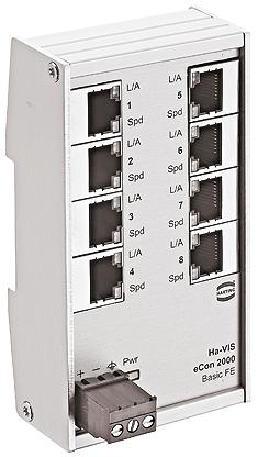 Produktfoto 1 von HARTING Ethernet-Switch, 8 x RJ45 / 10/100Mbit/s, bis 100m für DIN-Schienen, 24V dc