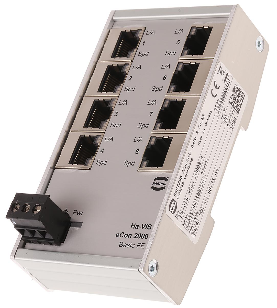 Produktfoto 1 von Harting Ethernet-Switch, 8 x RJ45 / 10/100Mbit/s, bis 100m für DIN-Schienen, 24V dc