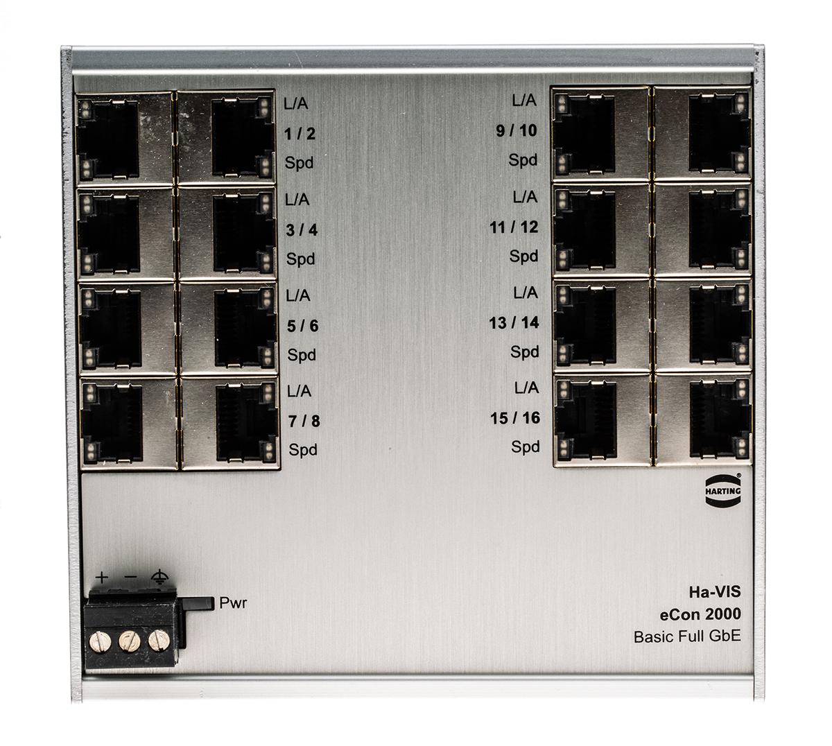 Produktfoto 1 von HARTING Ha-VIS Ethernet-Switch, 16 x RJ45 / 10/100/1000Mbit/s, bis 100m für DIN-Schienen, 24 V dc, 48V dc