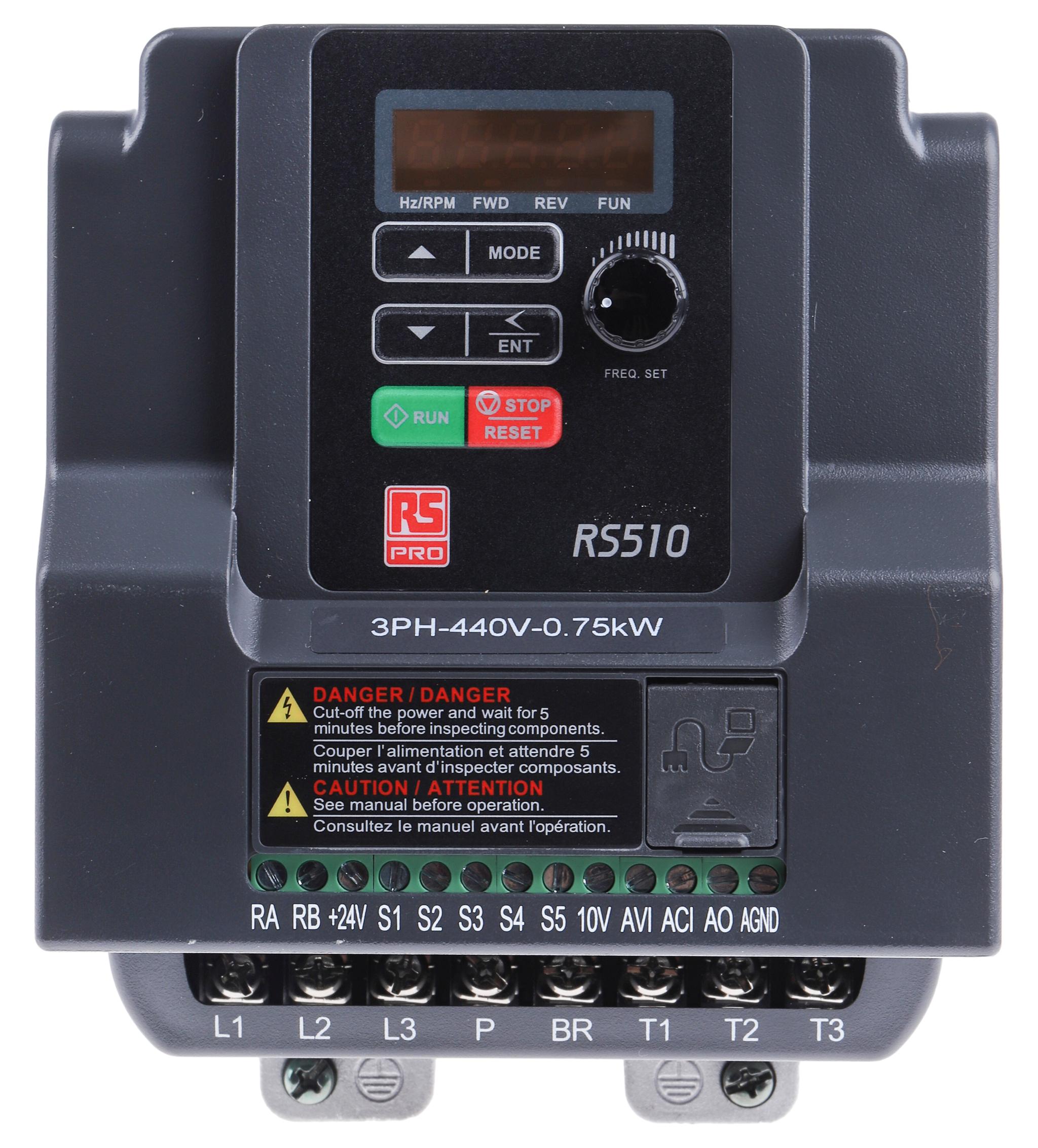 Produktfoto 1 von RS PRO, 3-Phasen Frequenzumrichter 0,75 kW, 380 → 480 V ac / 4,2 A 599Hz