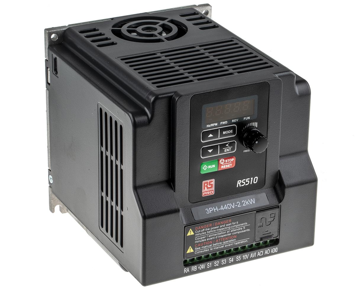 Produktfoto 1 von RS PRO, 3-Phasen Frequenzumrichter 2,2 kW, 380 → 480 V ac / 7,3 A 599Hz