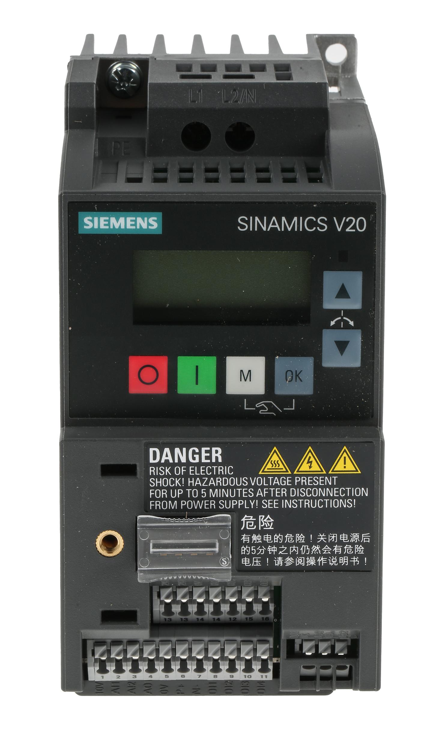 Siemens SINAMICS V20, 1-Phasen Frequenzumrichter 0,75 kW, 230 V ac / 4,2 A 0 → 550Hz für Wechselstrommotoren